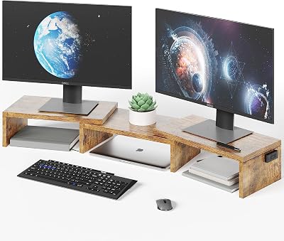 BONTEC Dual Monitor Stand Riser Rustic Brown with Phone Holder