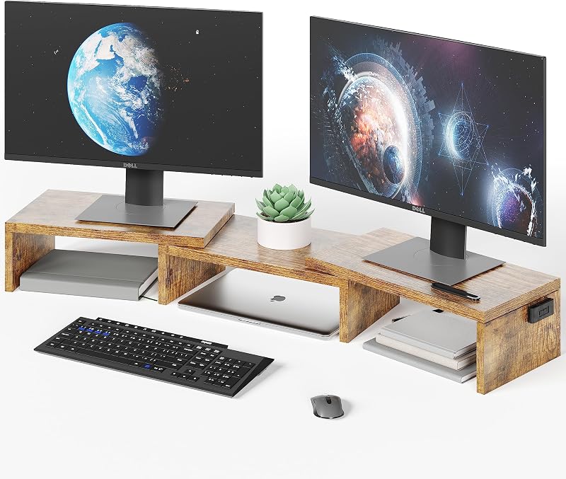 BONTEC Dual Monitor Stand Riser Rustic Brown with Phone Holder