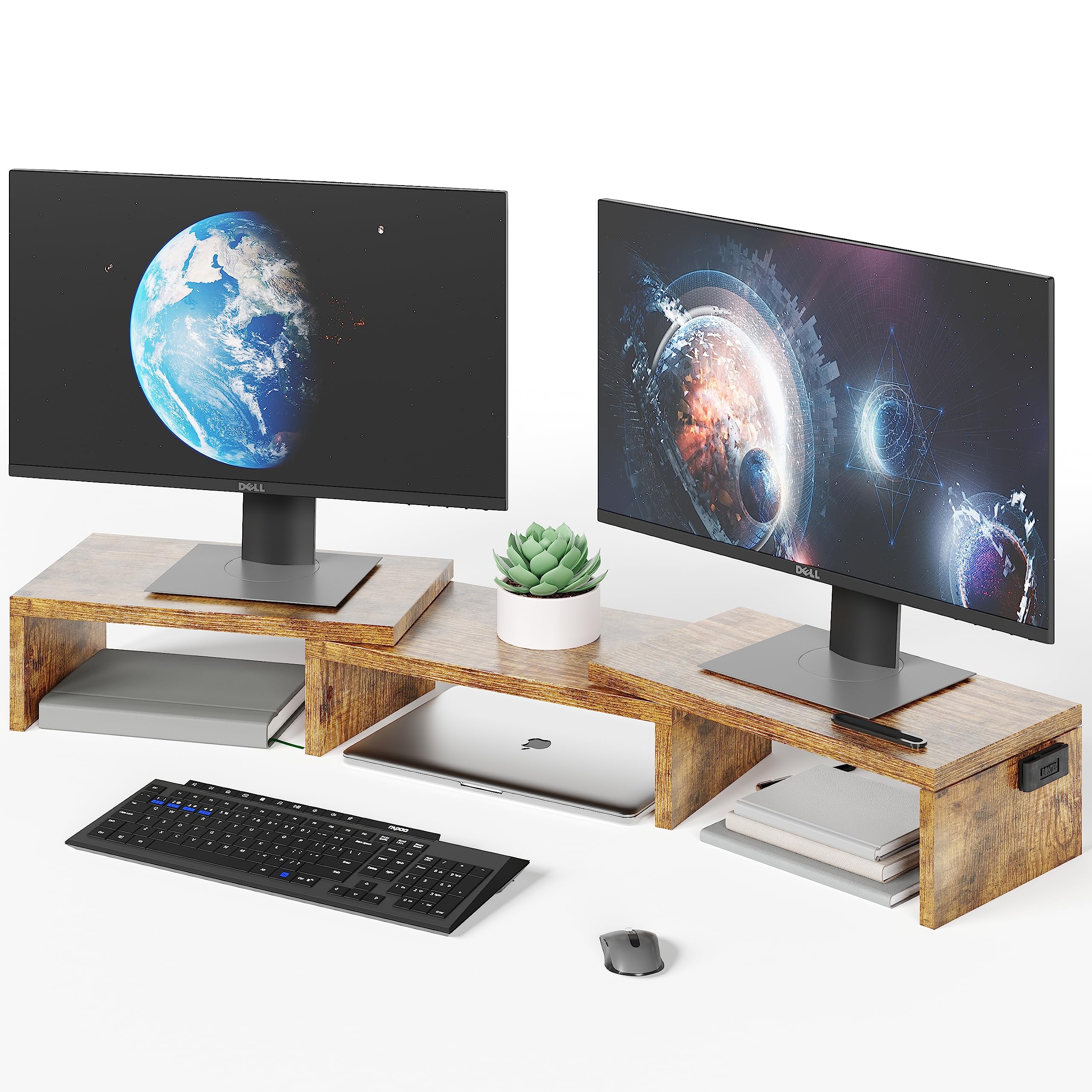 BONTEC Dual Monitor Stand Riser, Desktop Monitor Stand with Smartphone Holder, Adjustable Length & Swivel Angle Wooden Desktop Organizer Stand PC Riser for PC Monitor Laptop Printer, Rustic Brown
