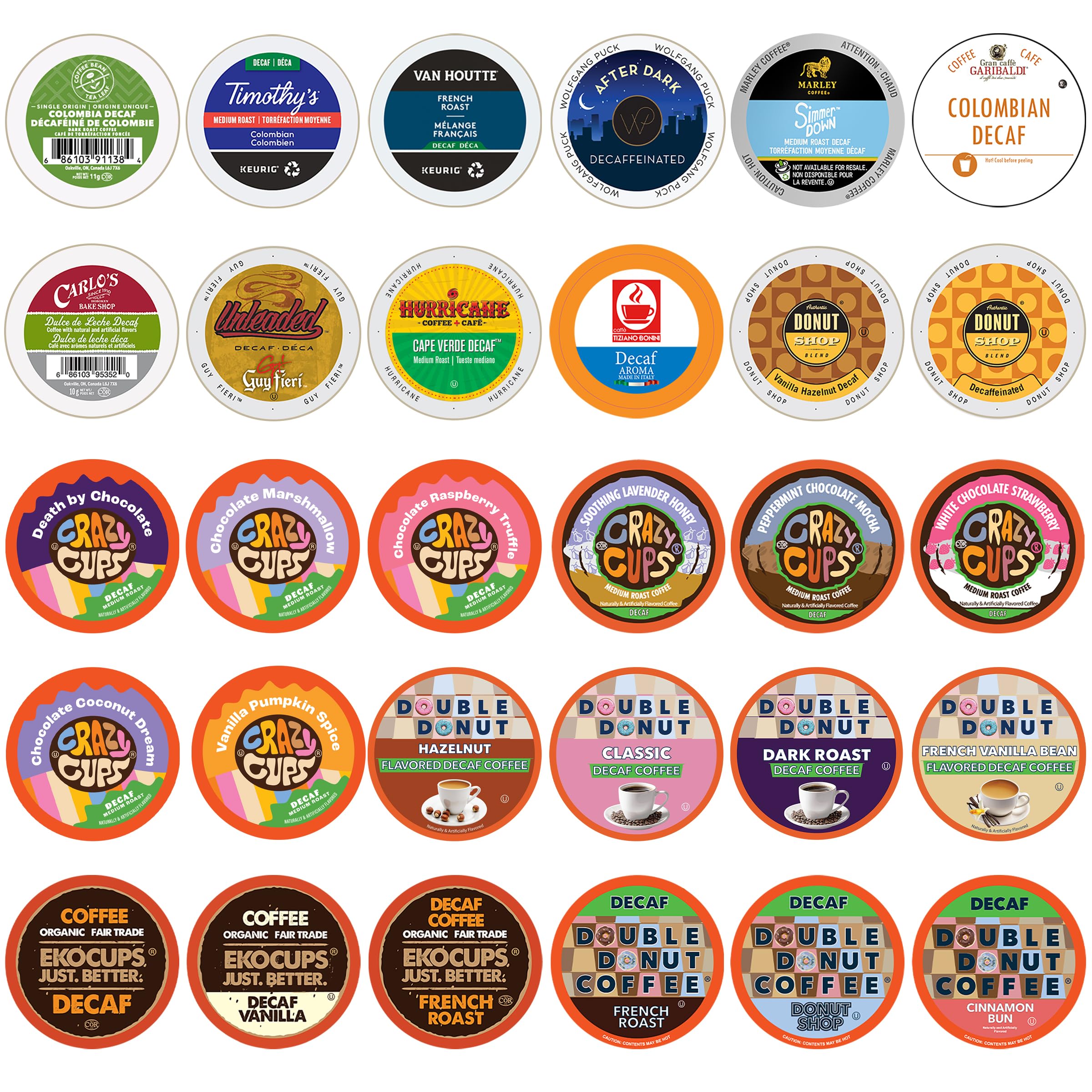 Photo 1 of Decaf Coffee Pods Variety Pack Sampler, Assorted Unflavored & Flavored Coffee Pods Compatible with Keurig K Cups Brewers, Decaffeinated Coffee Capsules, 30 Count - No Duplicates (Pack of 1)