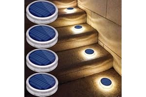 YiLaie LED Solar Deck Lights Outdoor Round Stick on Solar Powered Waterproof, Auto ON/Off Solar Stair Lights for Garden Patio Concrete Pathway Walkway Driveway(4 Pack)