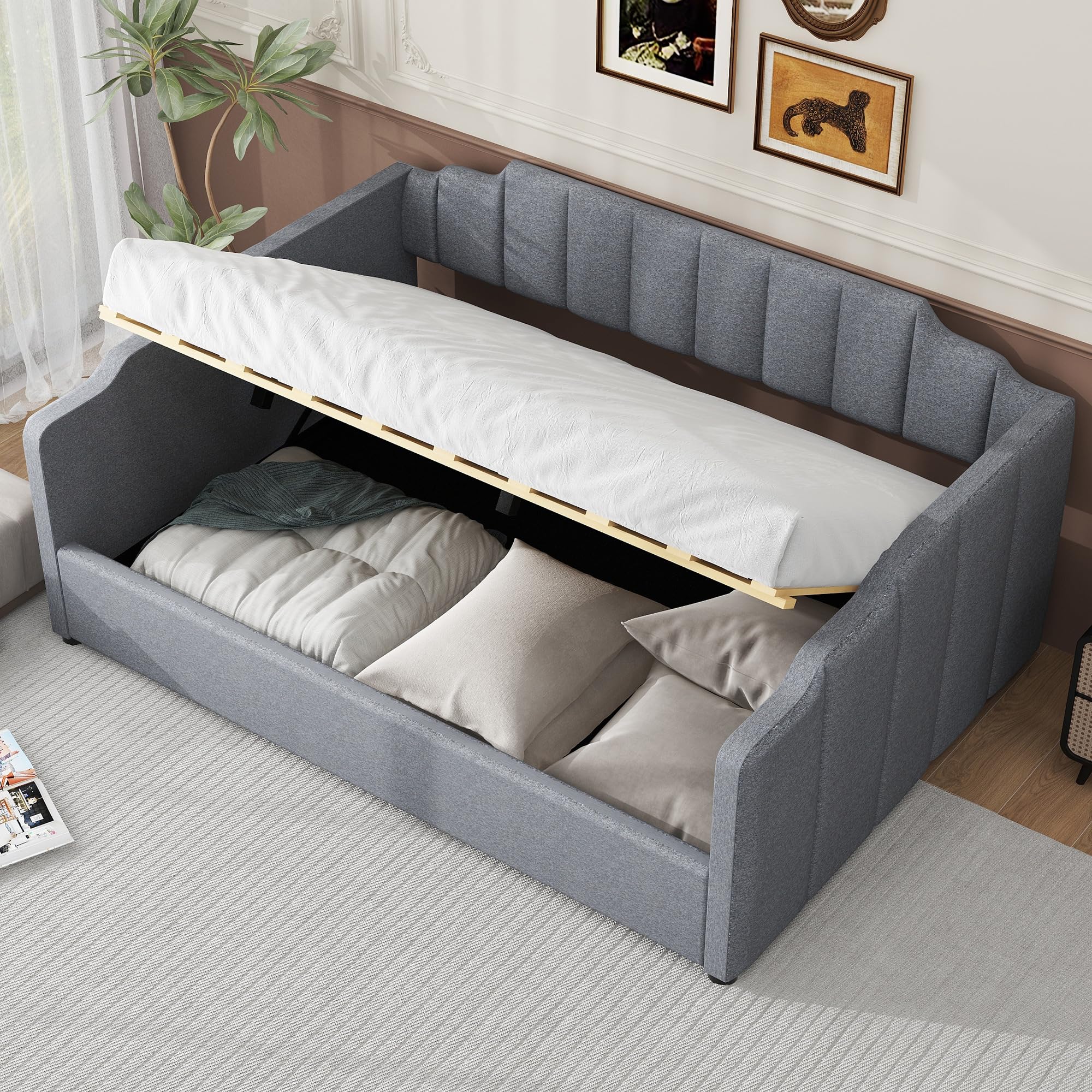 Photo 1 of Merax Queen Size Upholstered Daybed, Sofa Bed Frame with Underneath Storage, Space-Saving Corner Day Bed for Living Room Bedroom & Guest Room, No Box Spring Needed, Grey