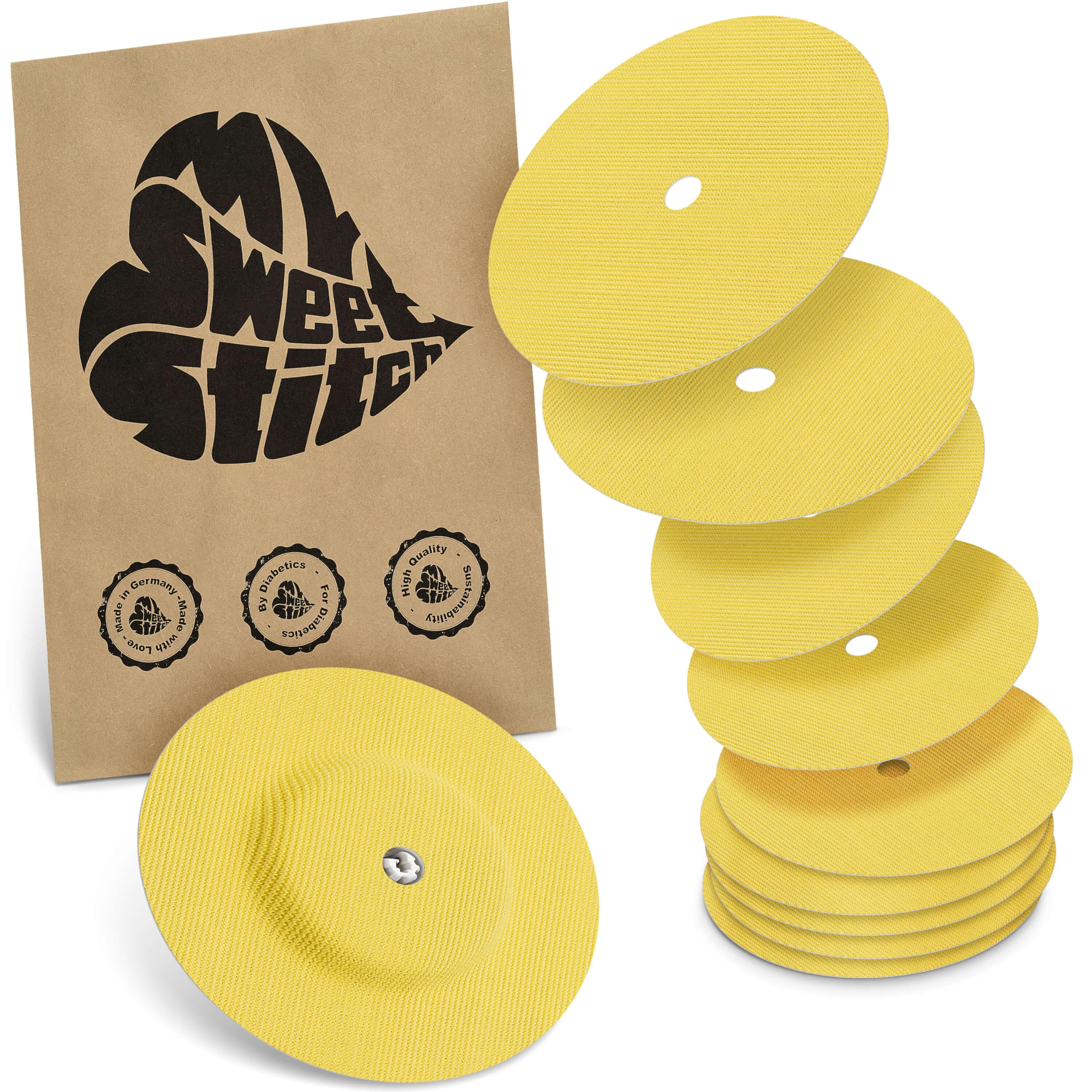MySweetStitch - 10 x Freestyle Libre 1 & 2 Round Patches with Ventilation Hole, Overpatch Ø 65mm, Waterproof, Breathable, Made in Germany, Yellow