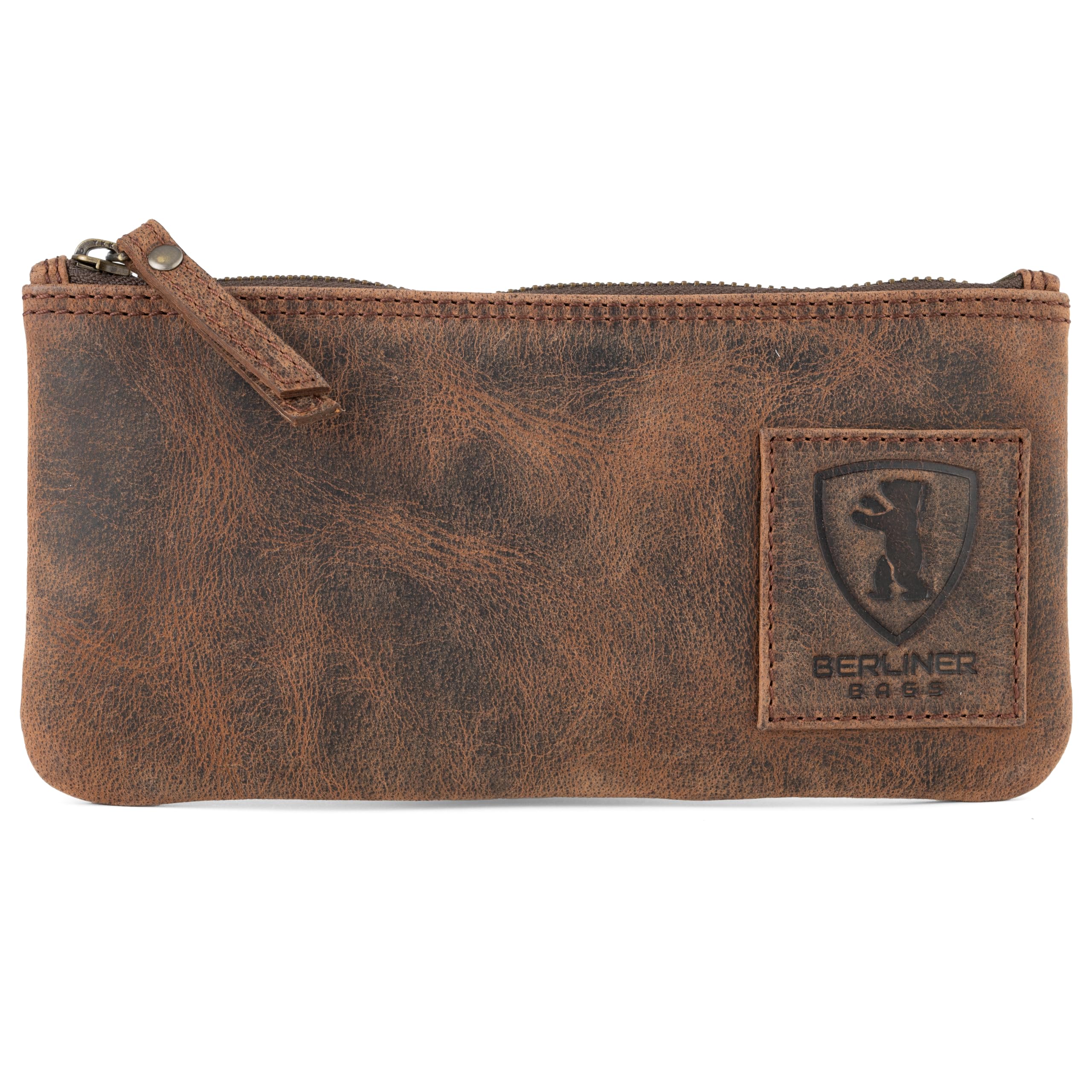 Berliner Bags Vintage Leather Pencil Case with YKK Zip, Pencil Case for Pens, erdfarben, 20 x 12 x 1 cm, vintage