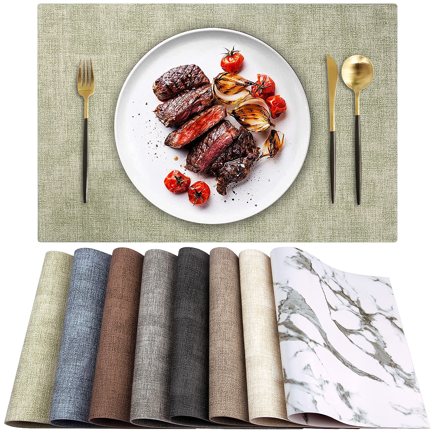 YEEIOU Leather Heat Resistant Placemats Set of 6 Waterproof Wipeable Washable PU Table Mats,Easy to Clean Anti-Slip (Light Green, 6)