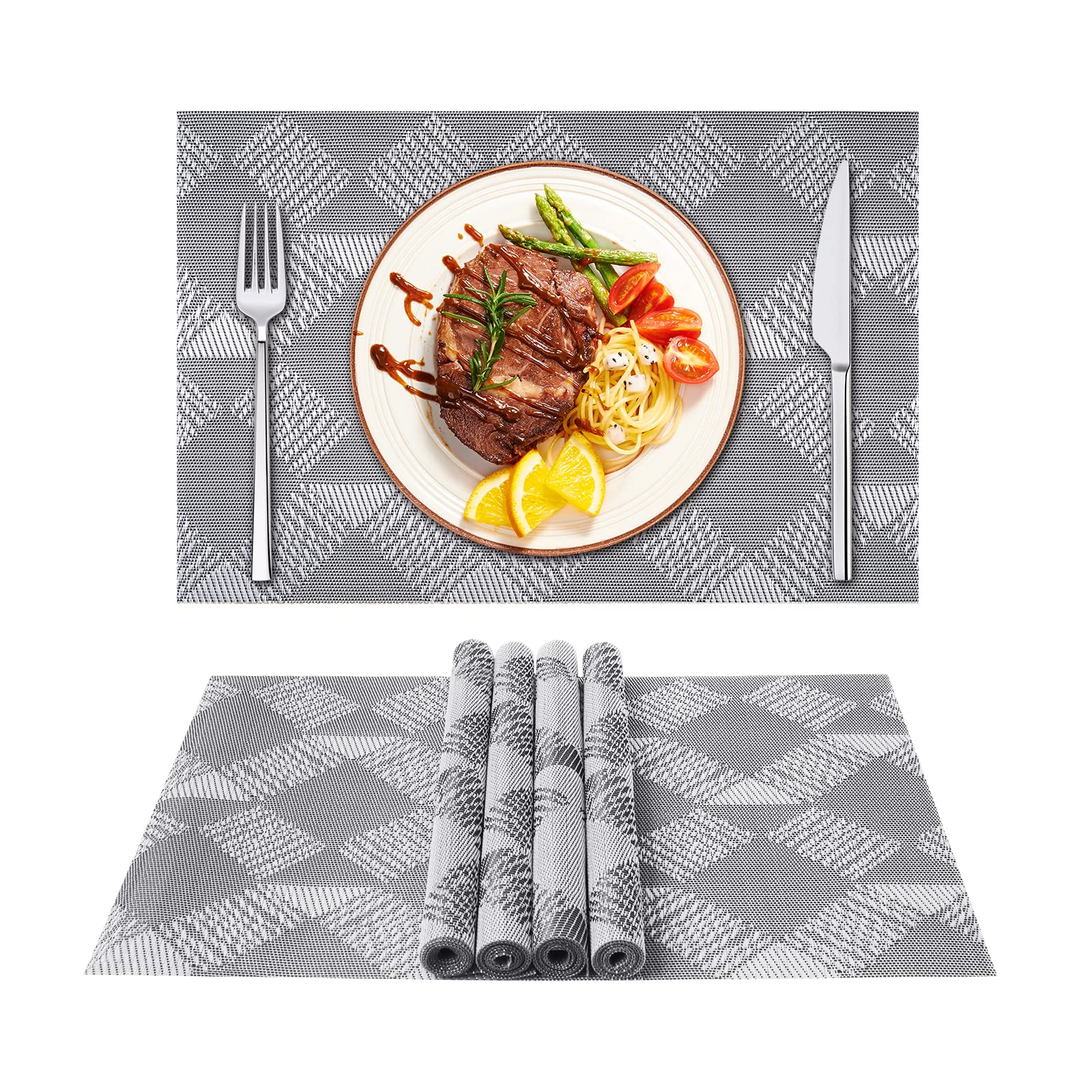 ASYOUWISH Set of 6 PVC Kitchen Table Place Mats, Non-Slip and Washable? Ecological, Ideal for the Kitchen Silver Gray