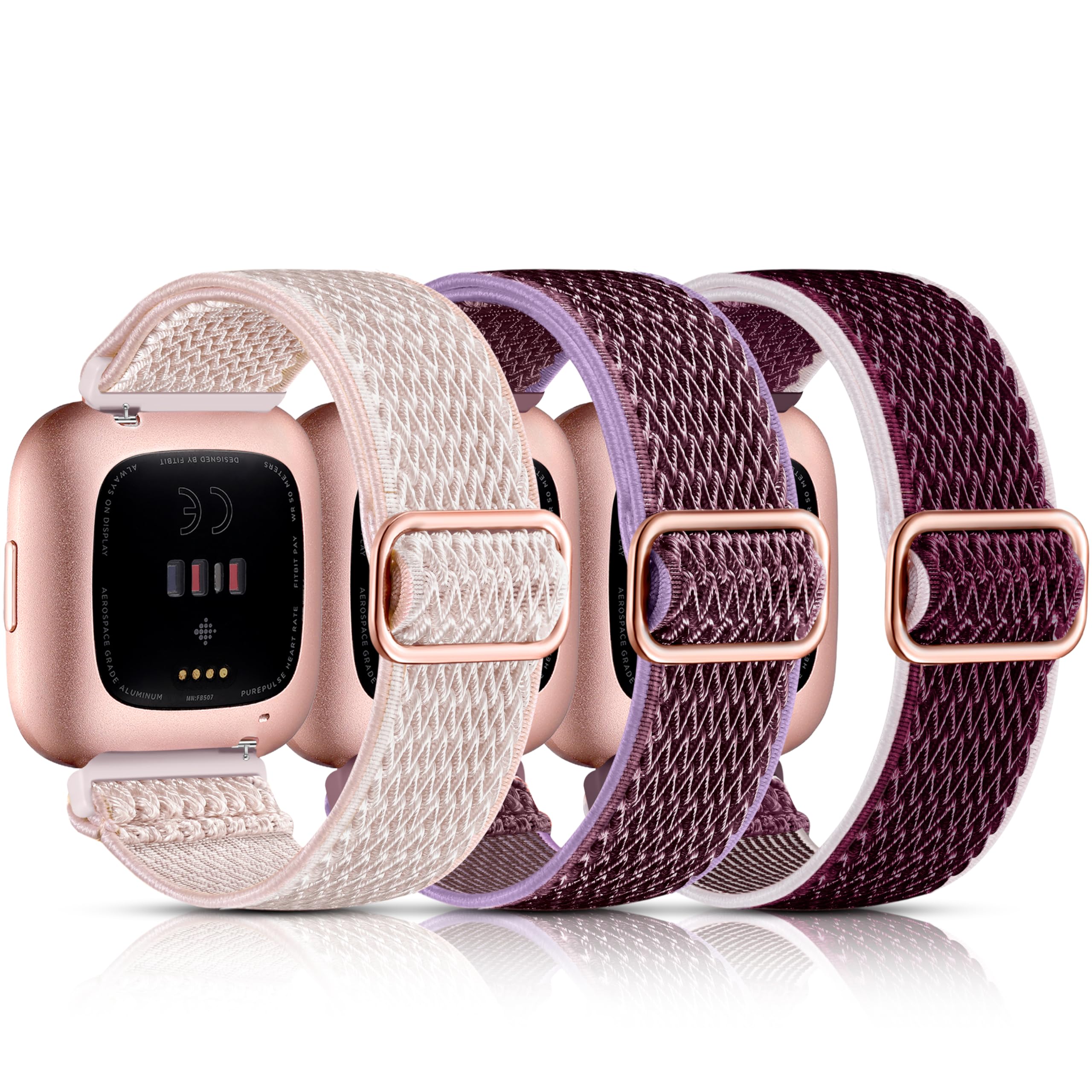 Maledan Stretchy Nylon Band Compatible with Fitbit Versa/Fitbit Versa 2 Bands for Women Men, 3 Pack Soft Elastic Solo Loop Watch Bands Replacement Strap for Versa Lite, Wine Red/Rose Pink/Smokey Mauve