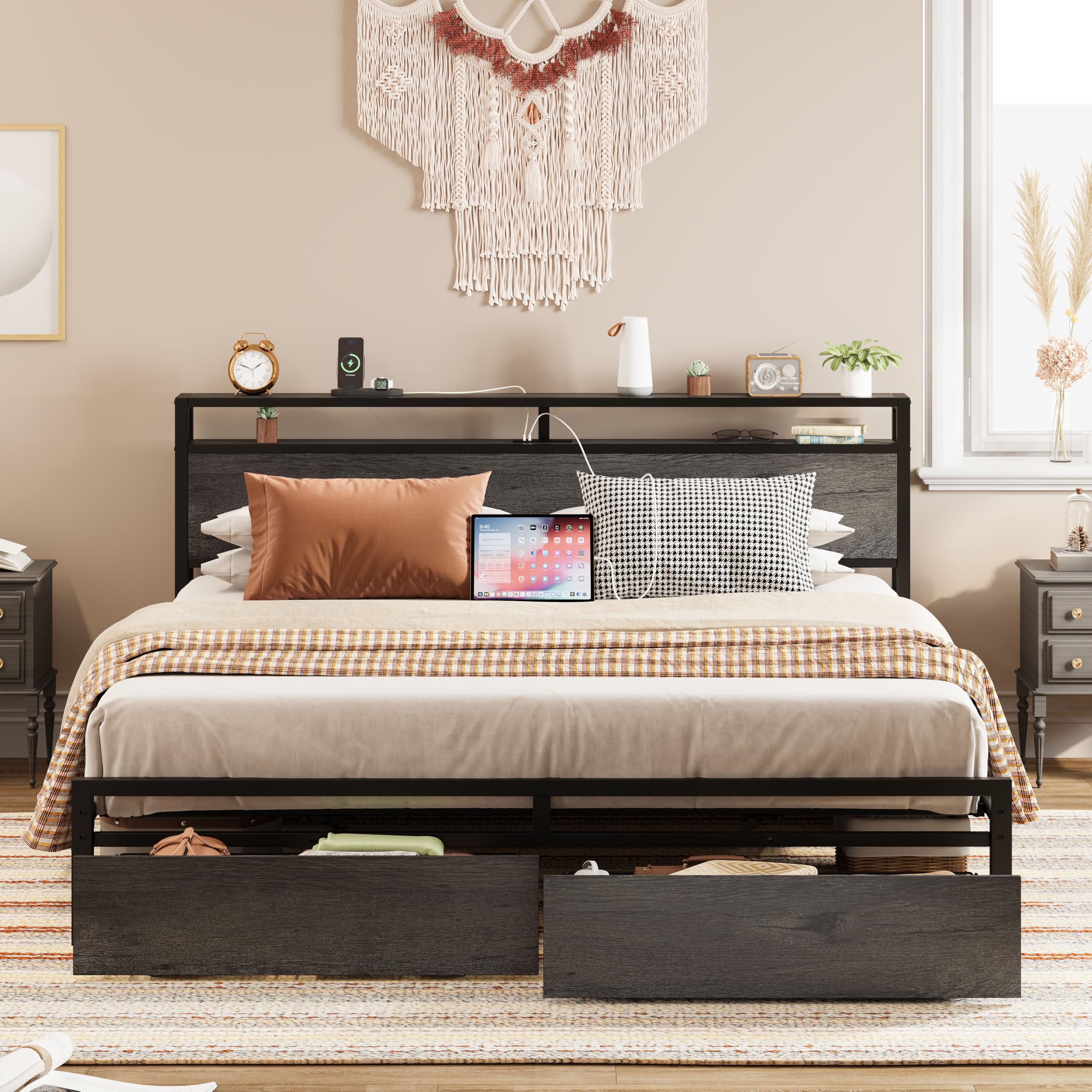 Photo 1 of ***SIMILAR ITEM***
LIKIMIO King Bed Frame with Storage Headboard, Platform Bed with Drawers and Charging Station, No Box Spring Needed, Easy Assembly, Charcoal Grey