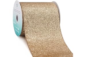 CT CRAFT LLC Glitter Wired Ribbon 4" x 10 Yards Gold (Champagne Gold) for Christmas Home Decor Bow Gift Wrapping DIY Crafts Wreath