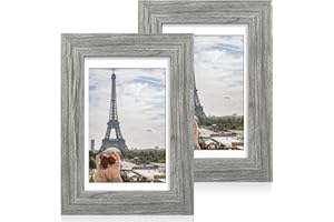 Hongkee 5x7 Picture Frame Set of 2, Made of Real Glass and Rustic Grey Wooden Frame - Display Pictures 4x6 with Mat or 5x7 Without Mat, 5 by 7 Photo Frame for Wall or Tabletop Display