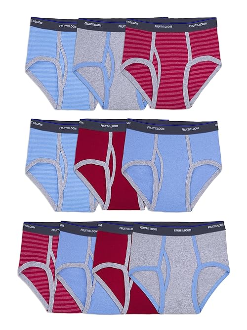 Fruit of the Loom Big Tag Free Cotton Briefs (Assorted Colors), Boys – 10 Pack – Blue/Grey/Red, Medium