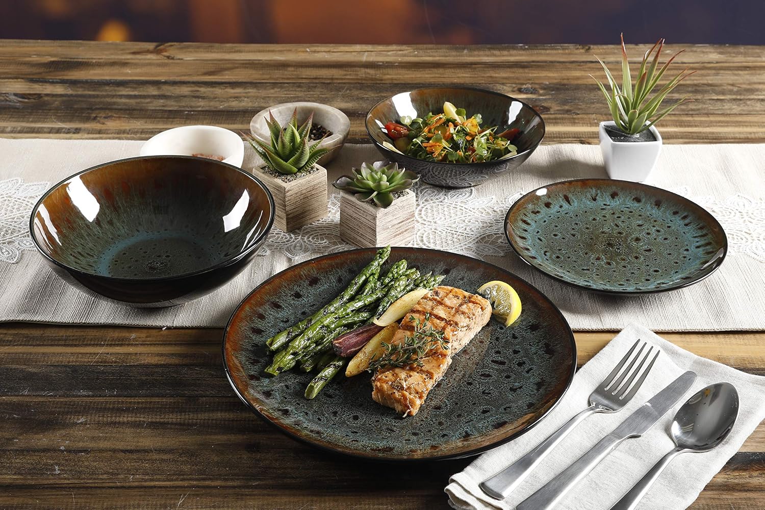 Gibson Elite Kyoto Double Bowl Dinnerware Set, Service for 4 (16pcs), Teal: Kitchen & Dining