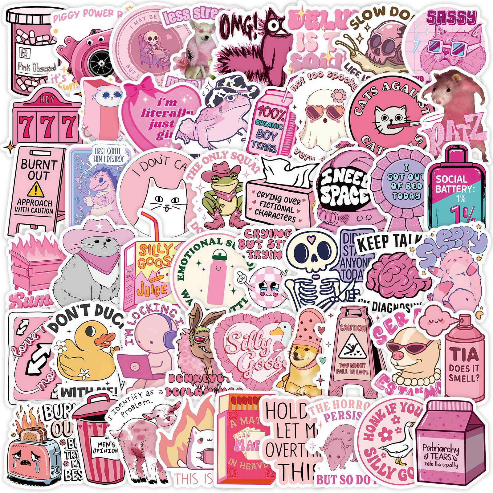 Photo 1 of 100 PCS Pink Funny Holographic Stickers for Adults Woman, Waterproof Vinyl Sarcastic Meme Decals for Water Bottle, Phone, Kindle, Laptop, Journal, Scrapbook, Bumper, Skateboard, Luggage