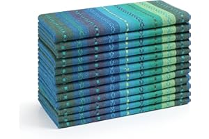 Homebia Designs Multi Color Cotton Hemstich Napkin, Decorative Cocktail Machine Washable Dinner Napkin with Mitered Corner for Wedding Christmas Everyday Use - Pack of 12-18x18 Inch - Green Blue Multi