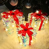 Lulu Home Set of 3 Christmas Lighted Gift Boxes, Pre-lit 140 LEDs Light Up Boxes with Red Bows, Plug-in Lighted Xmas Boxes with Timer for Christmas Trees Holiday Display Party Indoor Yard Lawn Decors