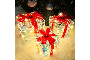 Lulu Home Set of 3 Christmas Lighted Gift Boxes, Pre-lit 140 LEDs Light Up Boxes with Red Bows, Plug-in Lighted Xmas Boxes with Timer for Christmas Trees Holiday Display Party Indoor Yard Lawn Decors
