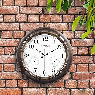 SkyNature Große Wanduhr, 45 cm, Garten Wetterfest Wanduhren mit Thermometer und Hygrometer, Batteriebetriebene Leise Dekorative Uhr für Garten, Zaun, Terrasse, Pool und Zuhause - Metall, Bronzefarben