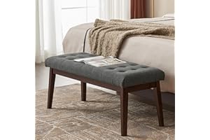 Befurtori Linen Wood Upholstered Bench, Bedroom Bench End of Bed, Padded Bench for Living Room Entryway, Dining Bench with Solid Wood Legs and Button-Tufted(Dark Gray)