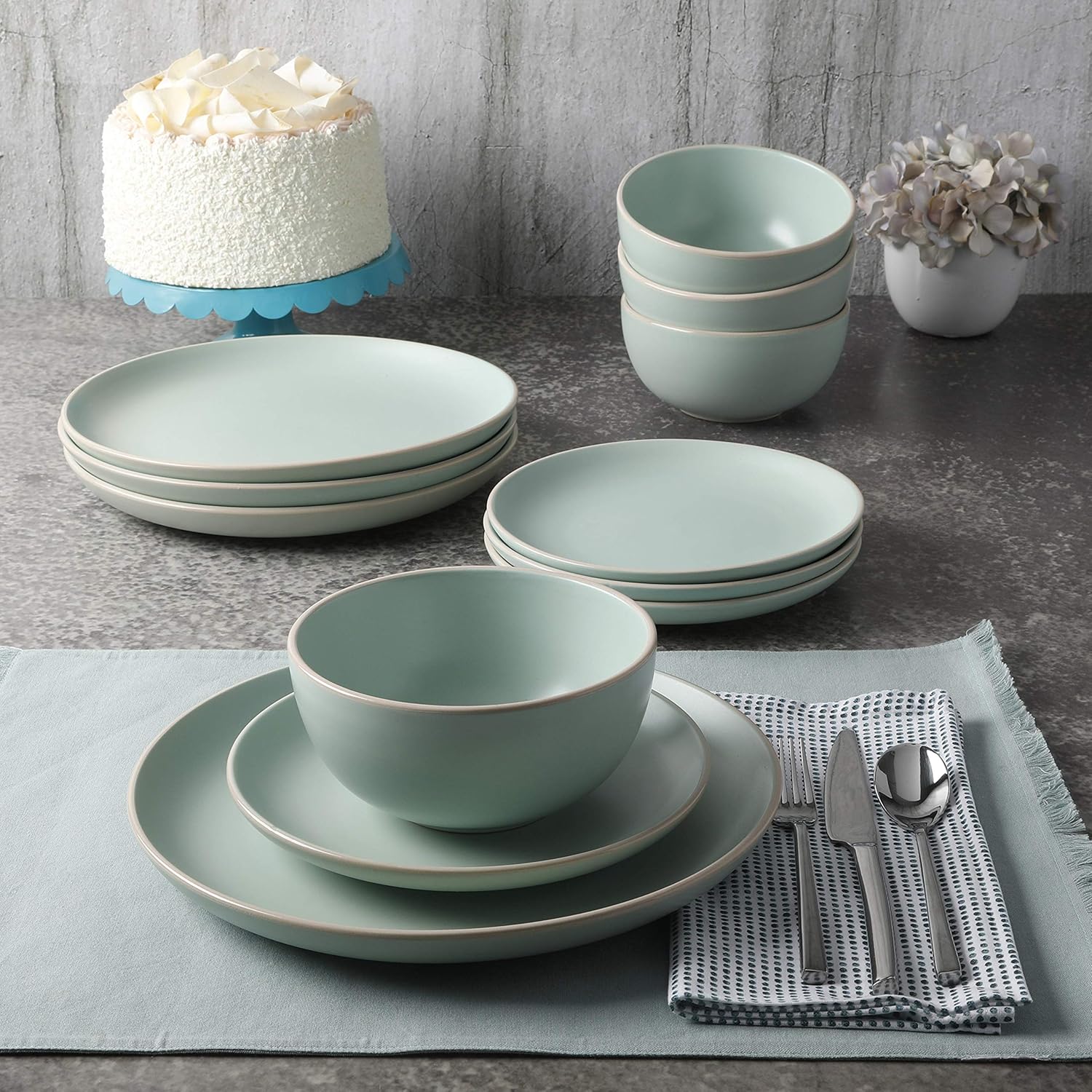  | Gibson Home Rockaway 12 Piece Dinnerware, Teal Matte -: Dinnerware Sets