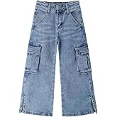 KIDSCOOL SPACE Girls' Cargo Jeans with Flap Pocket, Wide Leg and Split Hem Boyfriend Denim Pants