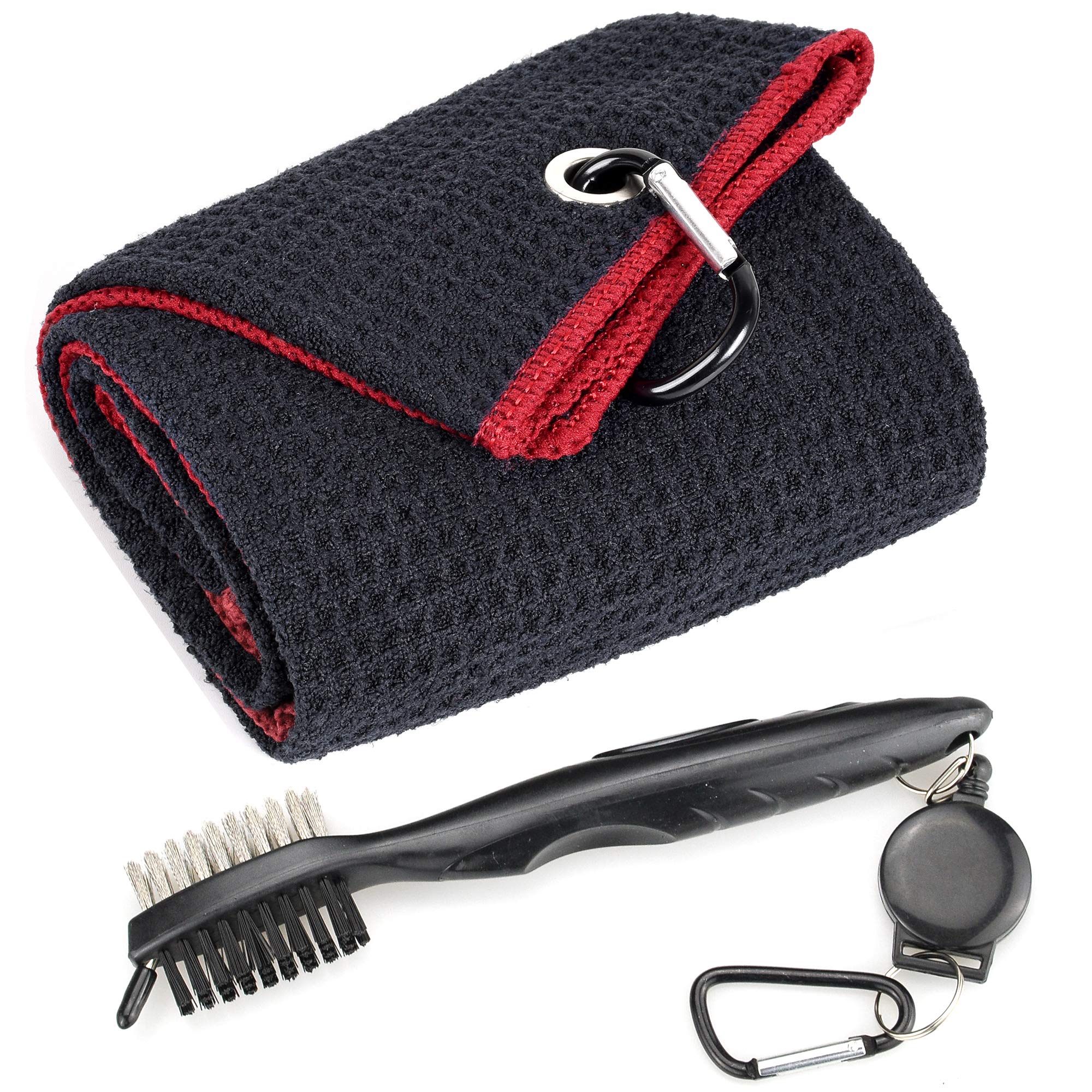 Mile High Life Microfiber Waffle Pattern Tri-fold Golf Towel | Brush Tool Kit with Club Groove Cleaner, Retractable Extension Cord and Clip (Black w/red Towel+Black Brush)