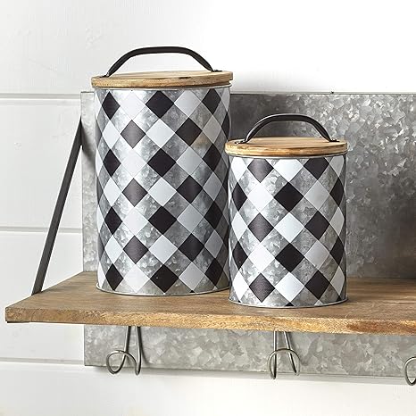 Amazon Com Buffalo Check Canisters Farmhouse Kitchen Organizer Black White Set Of 2 Kitchen Dining