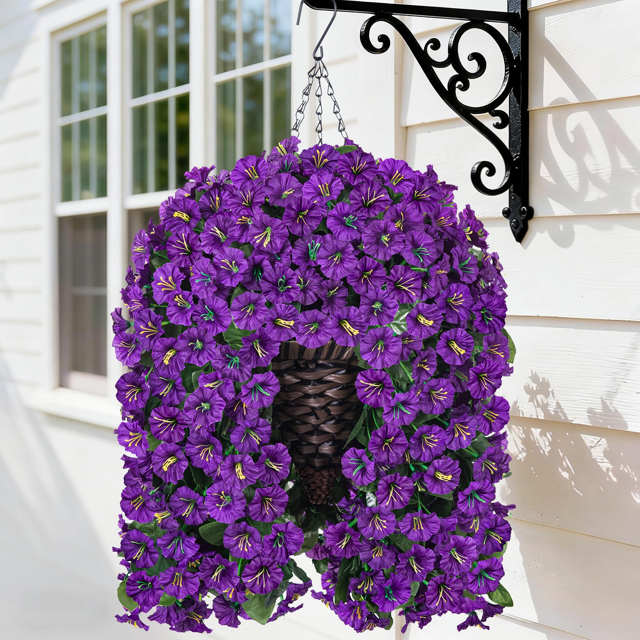 Hanging Artificial Flowers Basket, Fake Hanging Plant, Silk Orchid Flowers, Faux Flower Arrangement for Outdoor Garden Yard Pouch Patio Indoor Home Decoration (Purple)