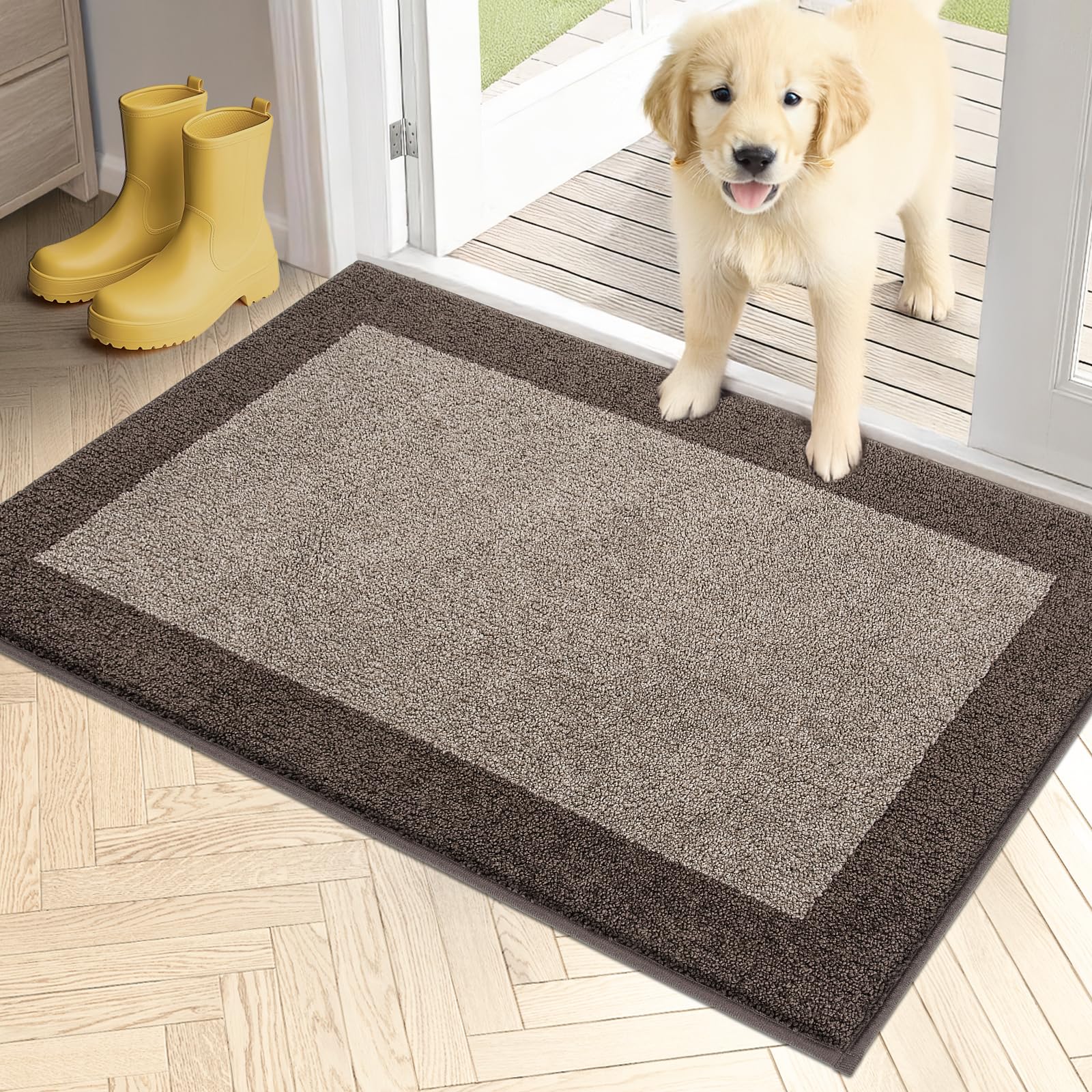 Photo 1 of PURRUGS Dirt Trapping Door Mat 24" x 36", Non-Slip/Skid Machine Washable Entryway Rug, Shoes Scraper, Throw Rug, Super Absorbent Area Rug for Muddy Wet Shoes and Paws, Beige & Grayish Brown