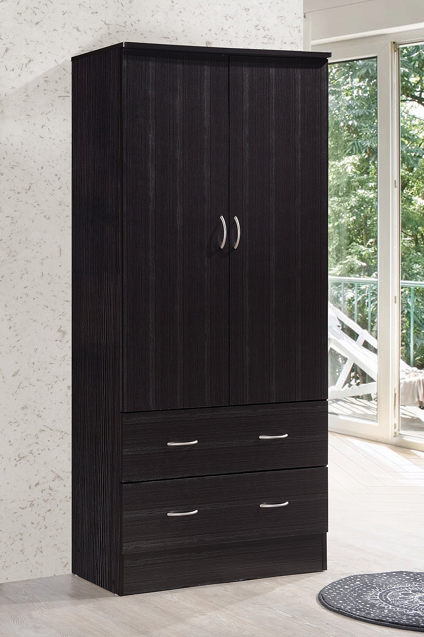 Hodedah Two Door Wardrobe, with Two Drawers, and Hanging Rod, Chocolate- INCOMPLETE, SOME PIECES ONLY, DOOR BROKEN