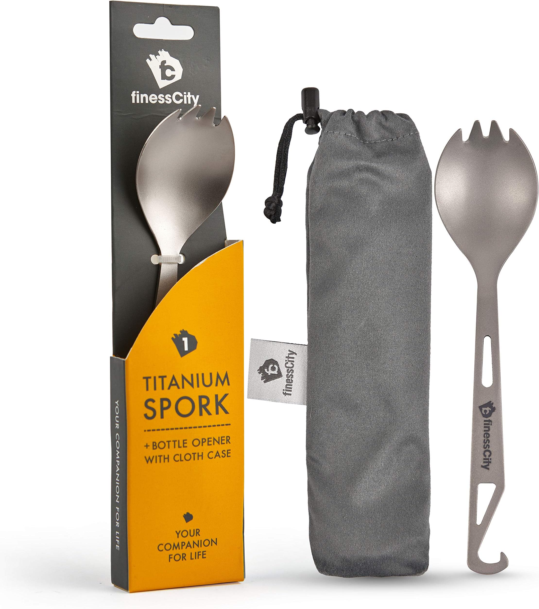 finessCity Titanium Spork (Spoon Fork) with Bottle Opener Extra Strong Ultra Lightweight (Ti), Healthy & Eco-Friendly Spoon, Fork & Bottle Opener for Travel/Camping in Easy to Store Cloth Case
