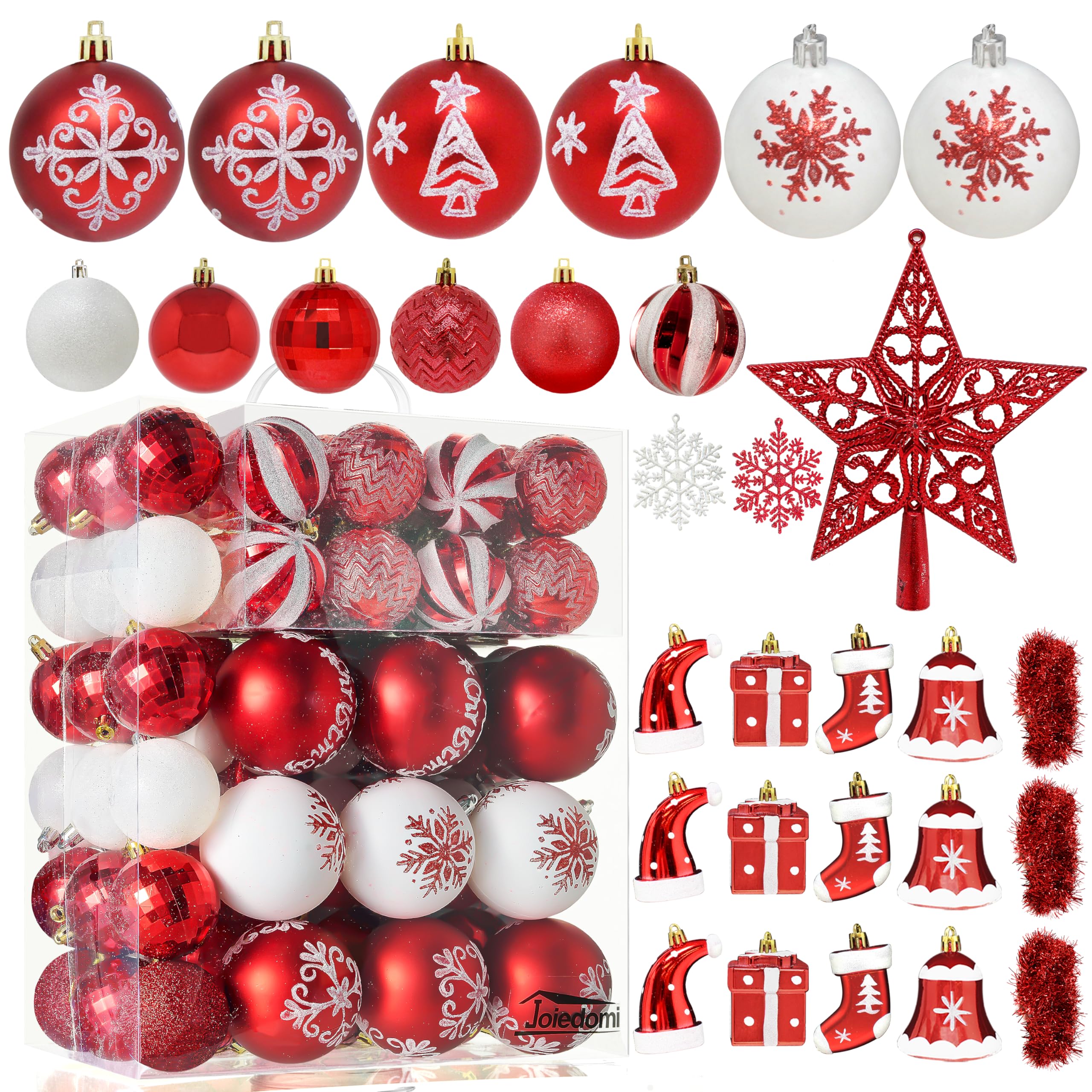 Joiedomi 112 Pcs Christmas Assorted Ornaments with a Star Tree Topper, Shatterproof Christmas Ornaments for Holidays, Party Decoration, Tree Ornaments, and Events (Red&White)