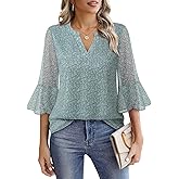 VALOLIA Womens 3/4 Sleeve Tops Dressy Casual Chiffon Blouses Floral Print V-Neck Work Office Shirts