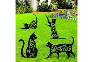 Elcoho 4 Pack Black Cat Silhouette Cute Metal Cat Garden Statues Bird Repellent Decorative Garden Stakes for Yard, Garden, Lawn Outdoor Decorations