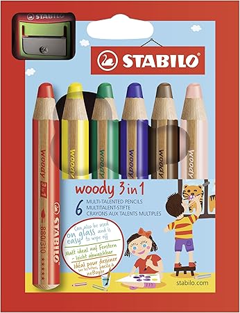 Buntstift, Wasserfarbe & Wachsmalkreide - STABILO woody 3 in 1 - 6er Pack mit Spitzer - mit 6 verschiedenen Farben