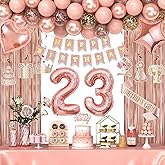 23rd Birthday Decorations for Women Girls, Happy 23 Birthday Decorations for Her, Rose Gold Birthday Party Supplies with Banner, Number Balloons, Fringe Curtains, Hanging Swirls, Foil Balloons