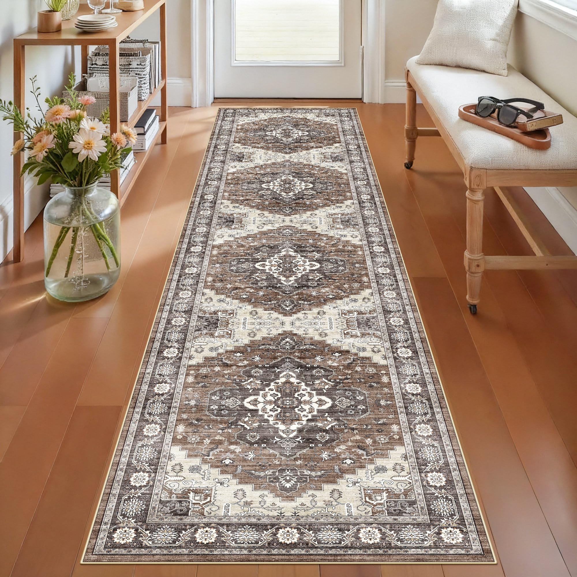 Washable 2x8 Kitchen Runner Rug: Vintage 8ft Stain Resistant Low Pile Runner for Hallway Entryway Non-Slip Carpet for Bathroom Living Room Dining Room Soft Bedroom Nursery Beside Floor Mat(2x8,Brown) Image