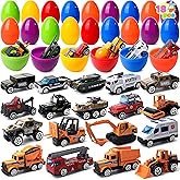 JOYIN 18 Pcs Jumbo Easter Eggs Filled with Die-cast Vehicles, City Cars and Trucks Toy Prefilled Egg for Kids Basket Stuffers, Party Favors and Easter Game