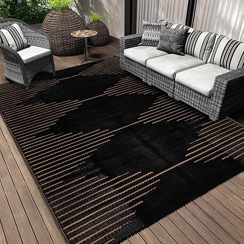 Falflor Large Plastic Outdoor Rug 270X365cm for Patio Waterproof Reversible Recycled Rug UV Resistant Picnic Blanket Lightweight Outdoor Mat for Garden Camping Deck RV Backyard(Black with Tan)