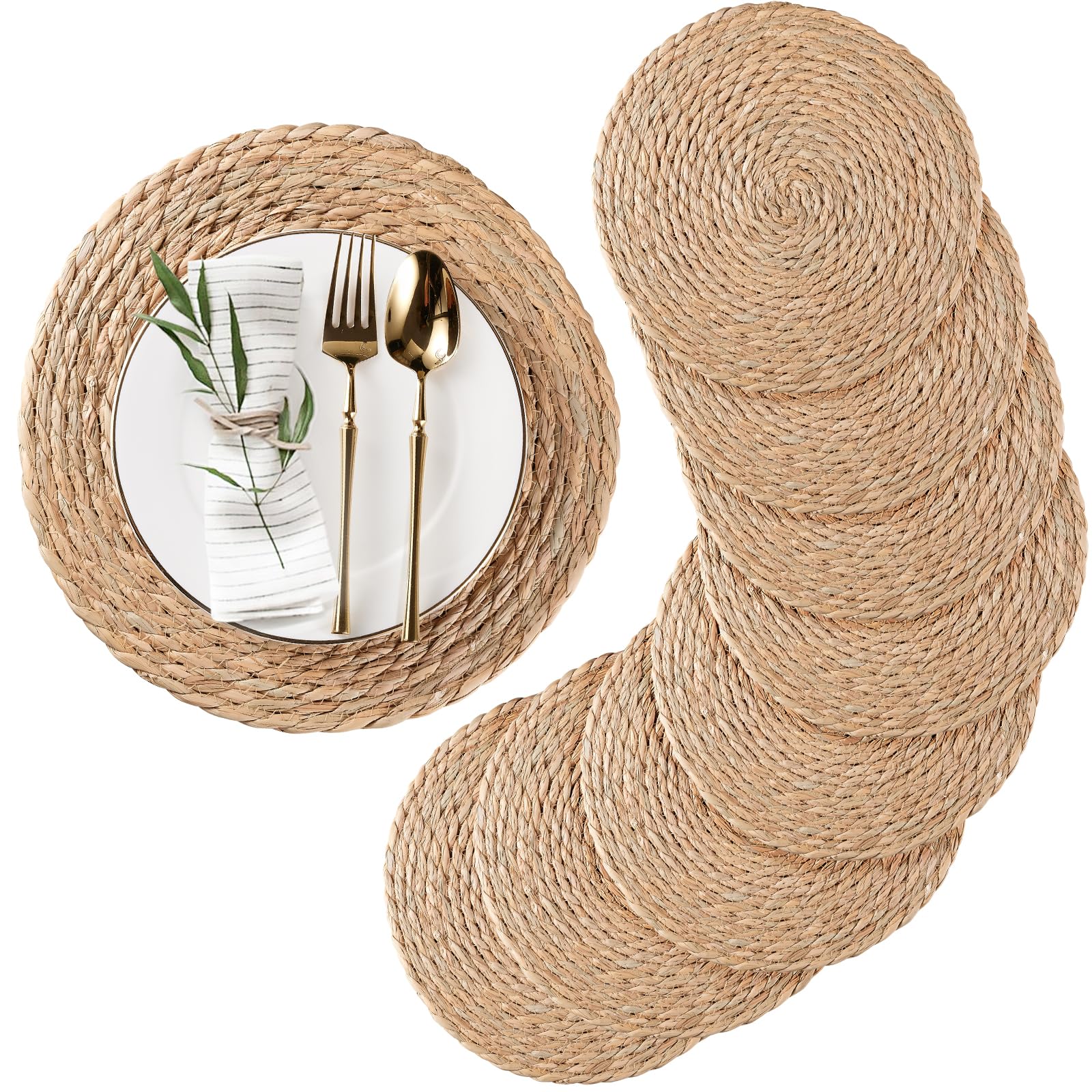 Photo 1 of RUNTIVAN Round Woven Placemats Set of 10, Natural Water Hyacinth Place mats, 12 inch Rattan Placemat Wicker Placemats Farmhouse Boho Braided Heat Resistant Outdoor Placemat Patio Table Place Mat