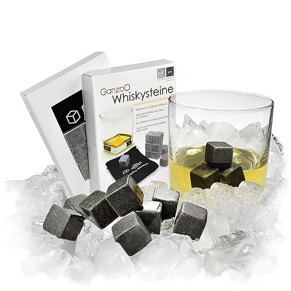 Ganzoo Whisky-Steine aus natürlichem Speckstein (grau) im 9er Set für Getränke'on the rocks', Kühlsteine im praktsichen Stoff