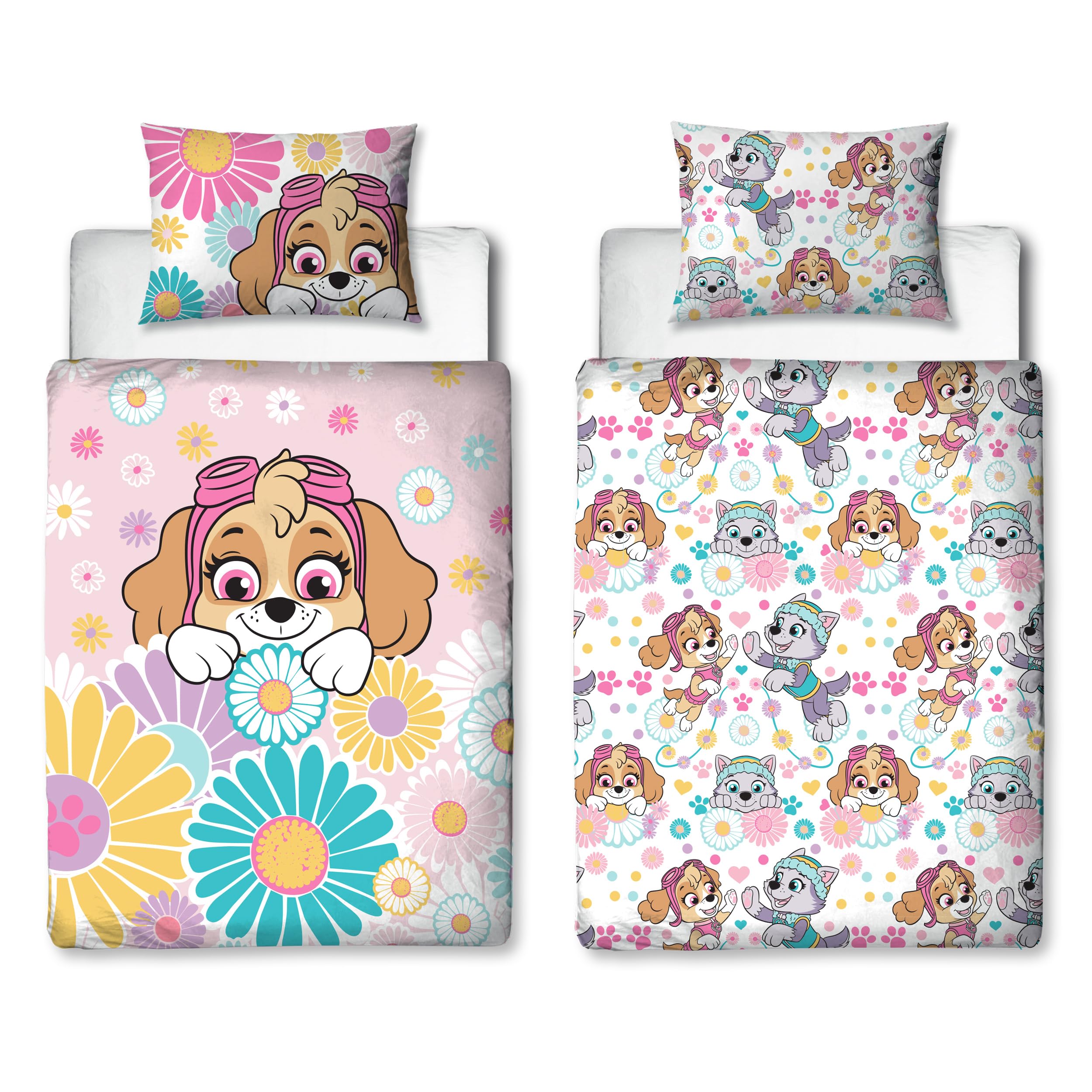 PAW PATROL Childs Toddler Cot Bed Duvet Cover | Flowers and Skye Design Reversible 2 Sided bedding with Matching Pillowcase, Polycotton