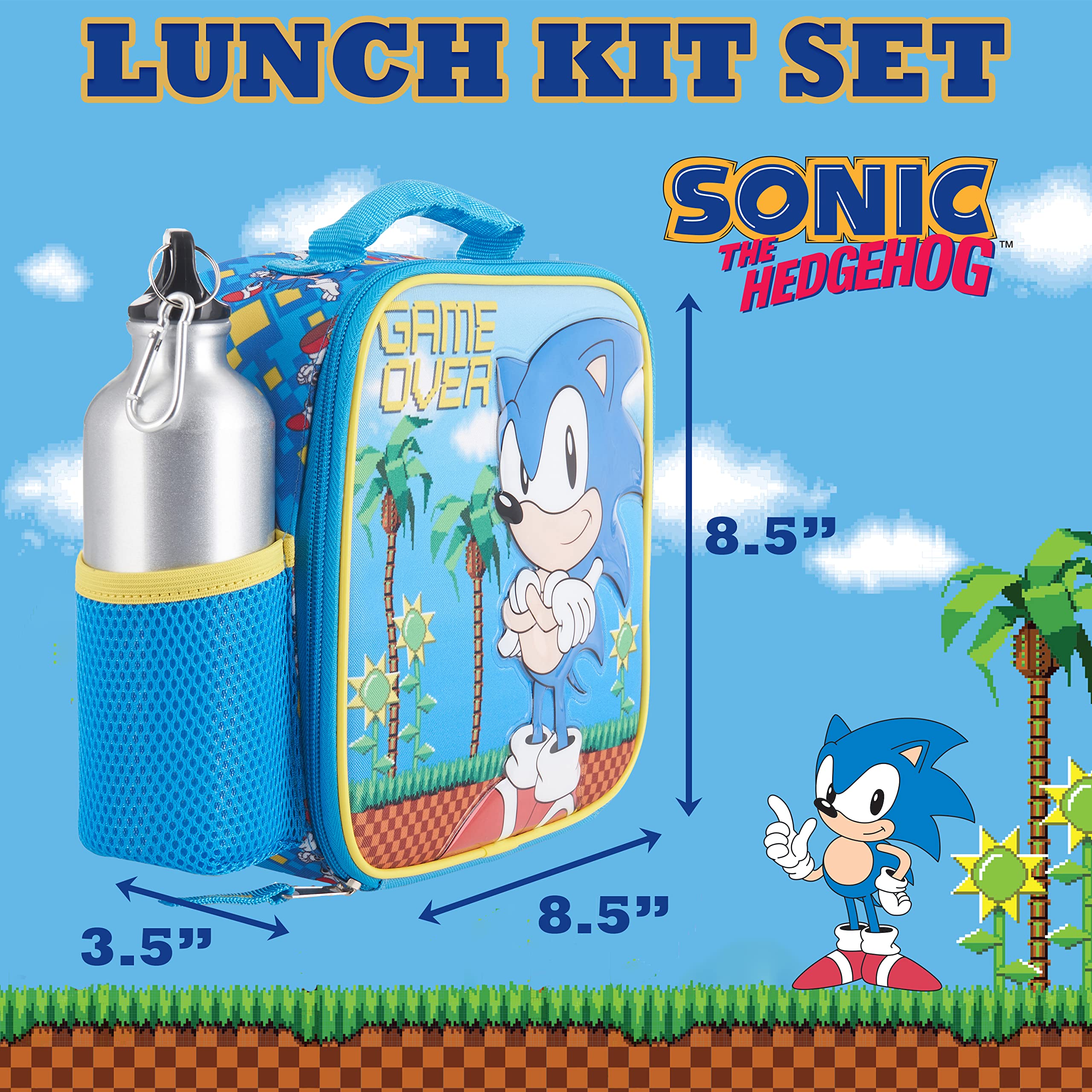 AI ACCESSORY INNOVATIONS Sonic Lunch Box Set for Boys & Girls, Stainless Steel Water Bottle with Carabiner Clip and Ice Pack, Insulated & Waterproof Lunch Bag with Zipper, 4 Pieces