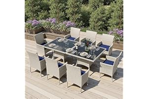 Sweecci Outdoor Dining Set, 10-Piece Patio Furniture Set with Tempered Glass Table and 8 Cushioned Chairs, Dual-Strand Wicker Rattan, Balcony Furniture for Backyard, Garden, Deck,– Navy Blue