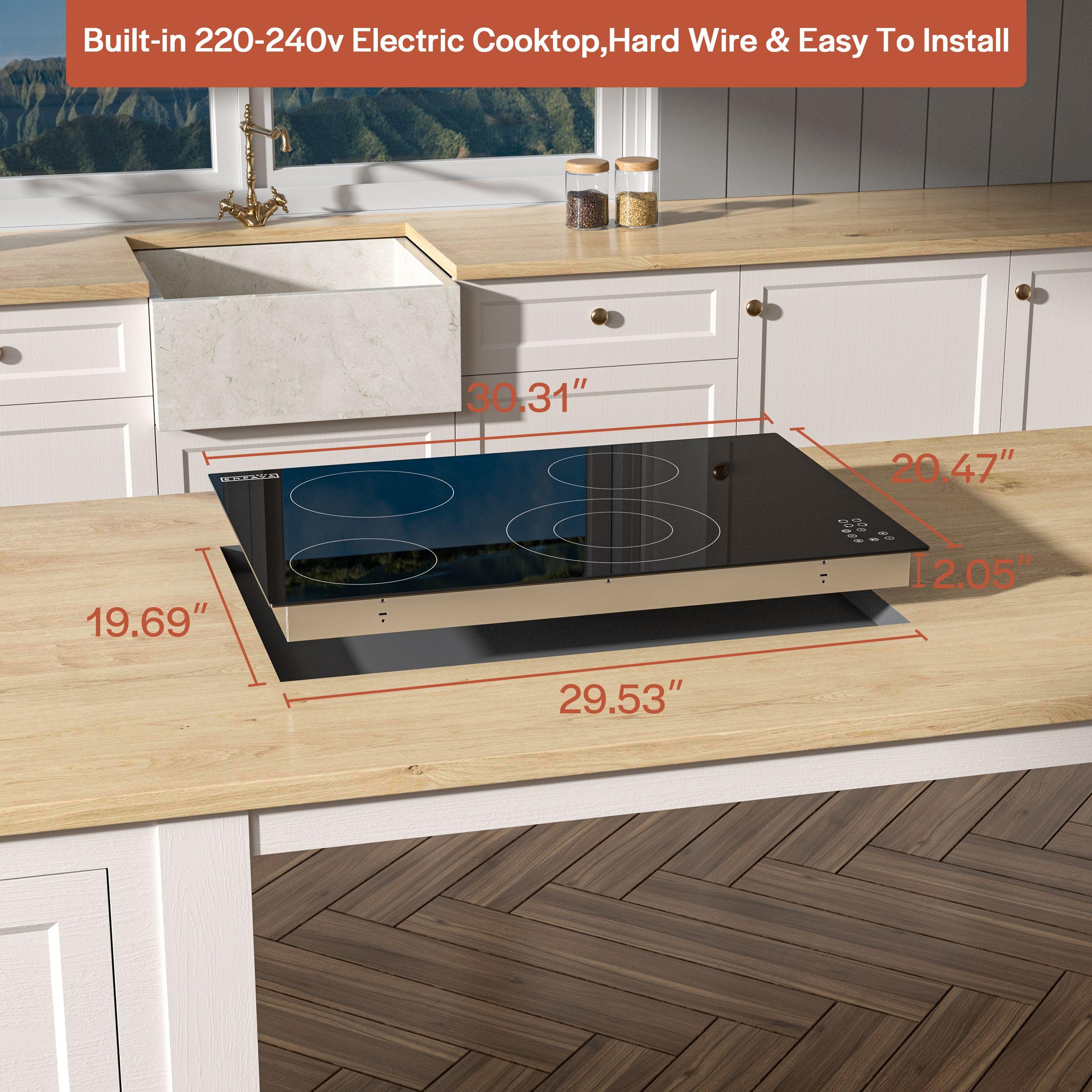 Empava Electric Cooktop, 30 inch 4 Burners, Built in Radiant Stove, Including Dual Zone Element, Ceramic Glass Smooth Surface in Black, ETL Certified, All Kinds of Cookware, 220-240V, No Plug