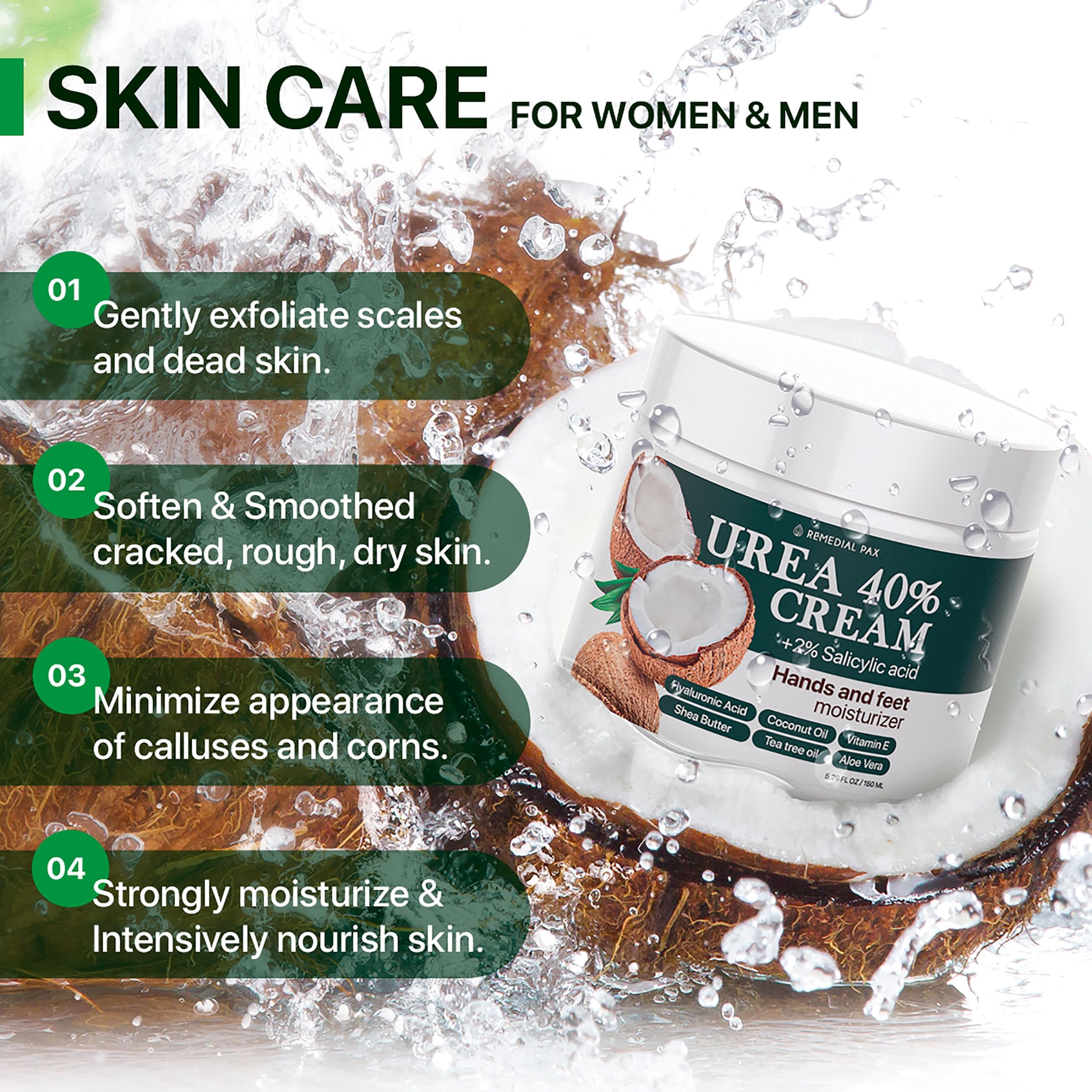 REMEDIAL PAX Urea Cream 40 Percent for Feet, 40% Urea Foot Cream for Dry Cracked Heels Knees Elbows Callus Hands with 2% Salicylic Acid, Foot Moisturizer, Moisturizer for Feet Care
