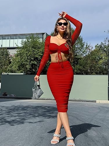 square neck bodycon midi dress Red Double Ruched Long Sleeve Bodycon Dress – AX Paris main image 0