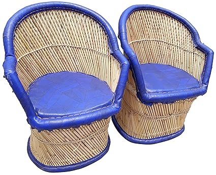 PatioStack Bamboo Leather Handicraft Outdoor Rattan & Wicker Sitting Chairs Furniture Set for Garden / Terrace / Lawn / Balcony / Restaurant / Cafe / Living Room / Drawing Room [ 2 Blue Chairs, Size :18*18*34 ]