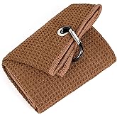 Mile High Life Tri-fold Golf Towel | 16" X 24" | Premium Microfiber Fabric | Waffle Pattern | with Heavy Duty Carabiner Clip | for Men and Women (Brown)