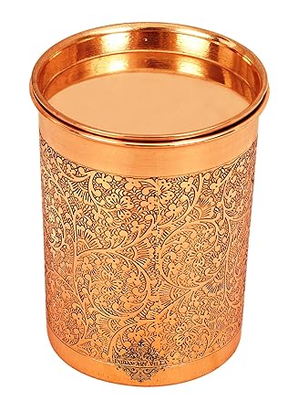 Indian Art Villa Copper Glass Tumbler, Embossed Design, Drinkware