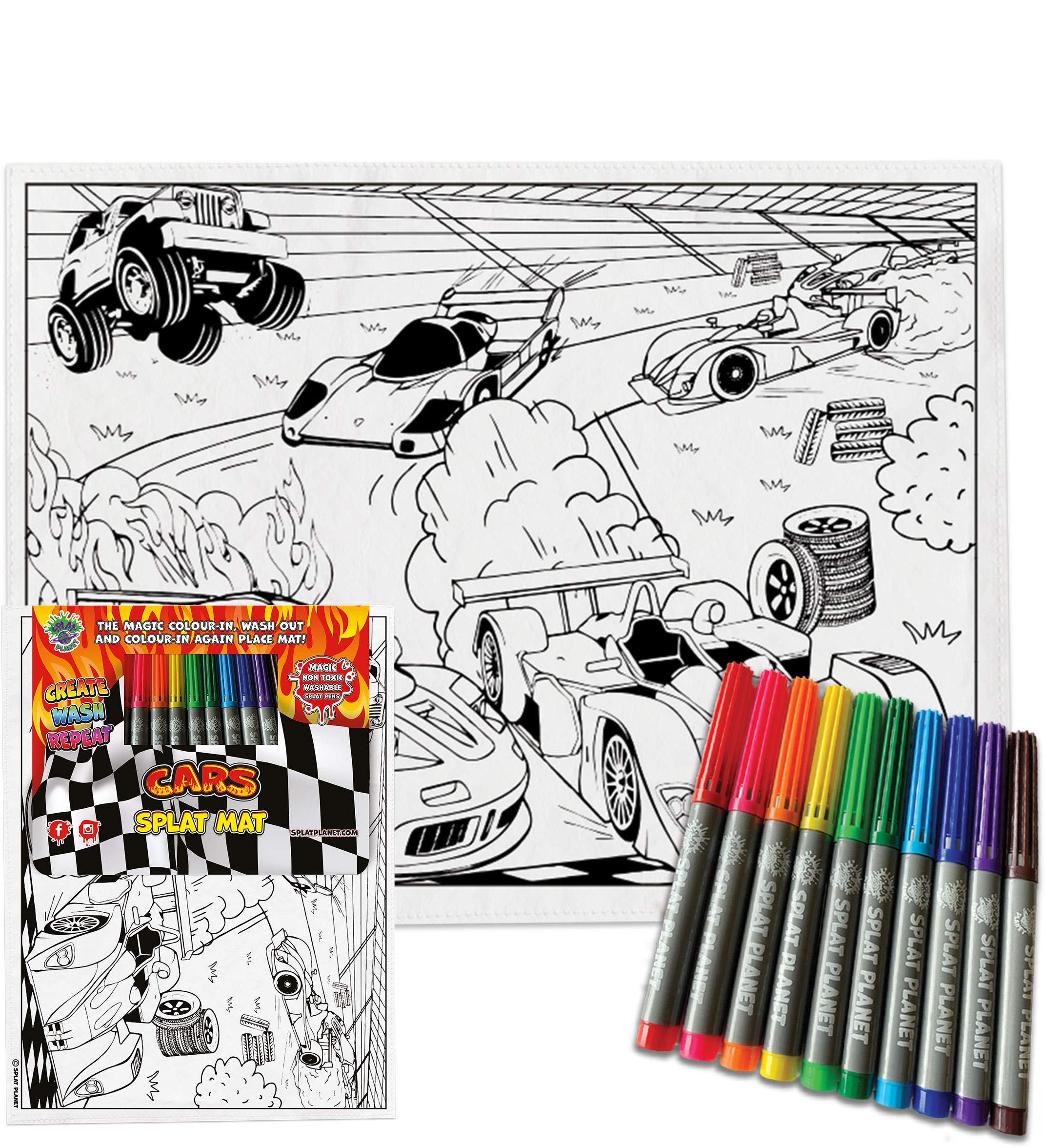 Splat Planet Colour in Racing Car cotton Toddler placemat with 10 non-toxic washable magic pens - Colour in and wash out place mat